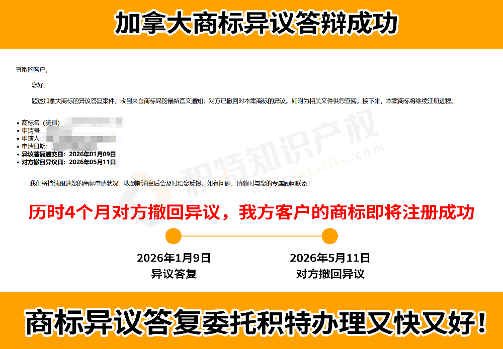 加拿大商标异议答辩：4个月高效胜诉，助力跨境品牌顺利注册